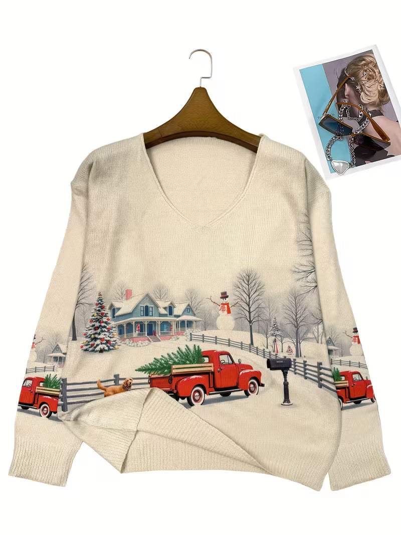 All-Over Printed Lightweight V-Neck Sweater Featuring a Festive Design