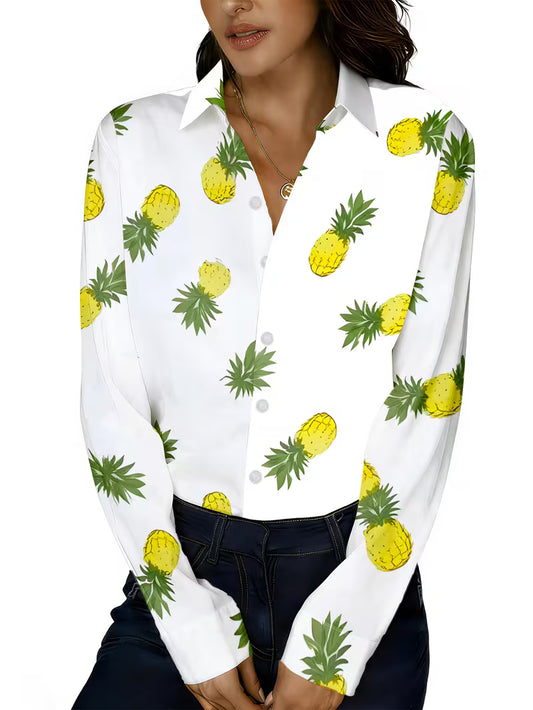 Women'S Casual Shirt with Yellow Pineapple And Green Leaves Print