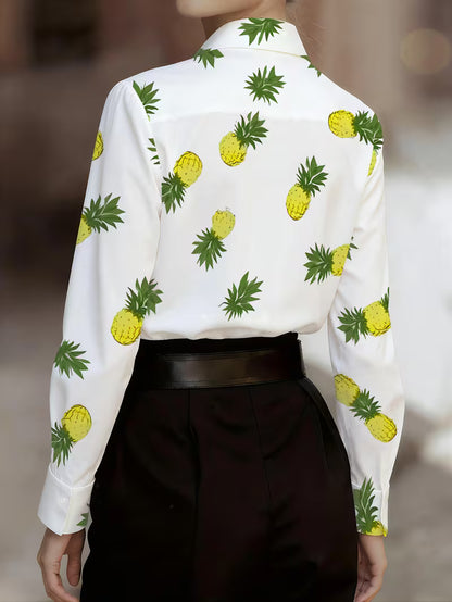 Women'S Casual Shirt with Yellow Pineapple And Green Leaves Print