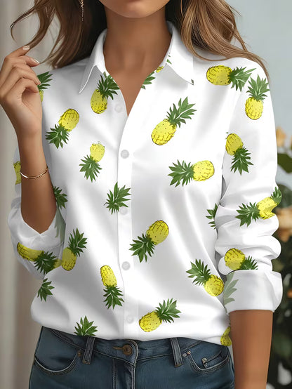 Women'S Casual Shirt with Yellow Pineapple And Green Leaves Print