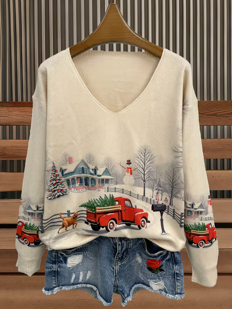 All-Over Printed Lightweight V-Neck Sweater Featuring a Festive Design