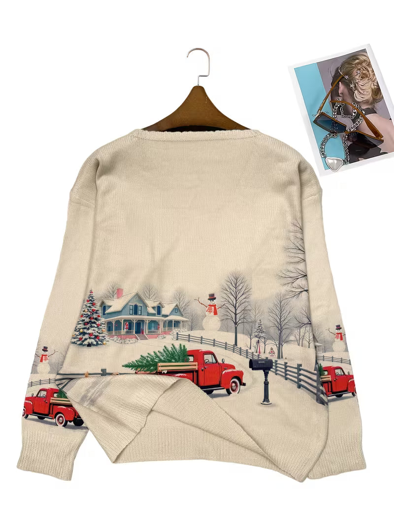 All-Over Printed Lightweight V-Neck Sweater Featuring a Festive Design