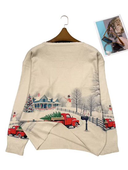 All-Over Printed Lightweight V-Neck Sweater Featuring a Festive Design