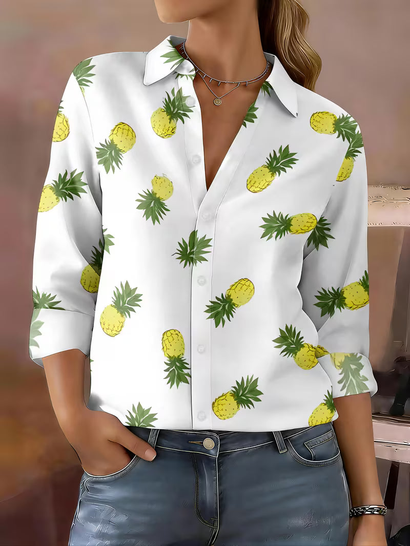 Women'S Casual Shirt with Yellow Pineapple And Green Leaves Print
