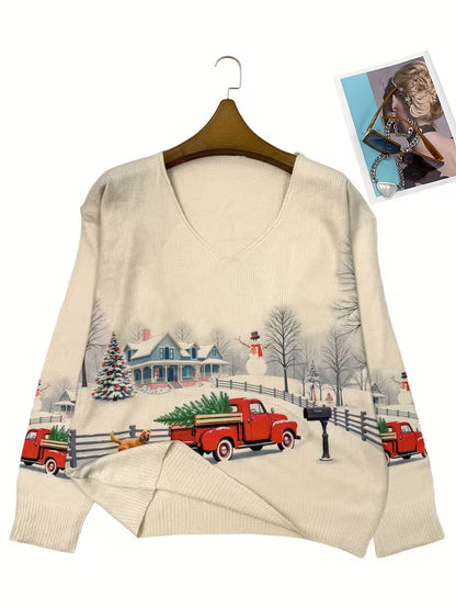 All-Over Printed Lightweight V-Neck Sweater Featuring a Festive Design
